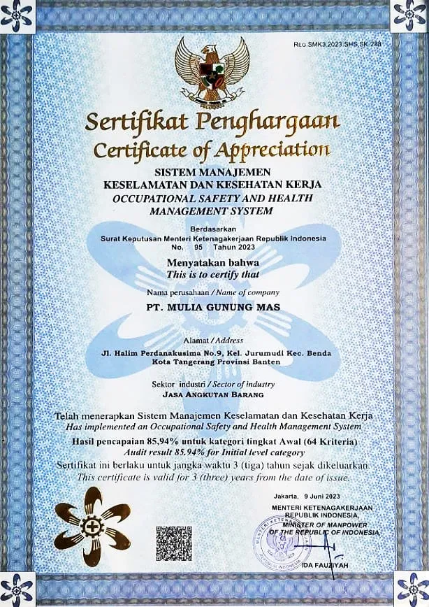 OHS Certificate SMK3 Pergudangan &amp; Pengangkutan